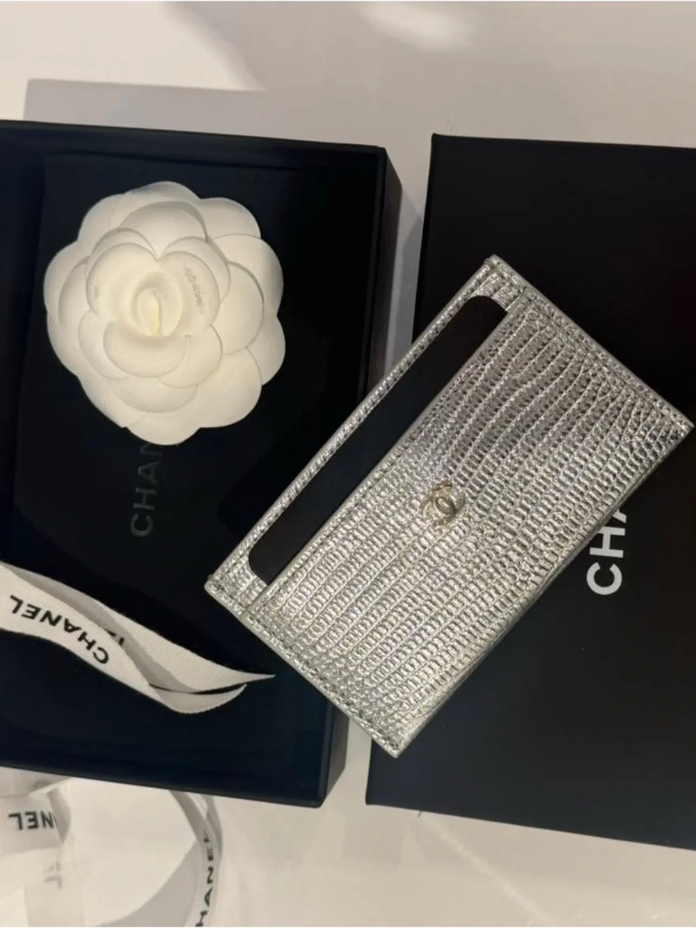 CHANEL Silver Crystal Card Slot Mini Wallet